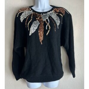 Vintage Donagain Pullover Silk Angora Wool Knit Sweater‎ L Sequin Glam Black
